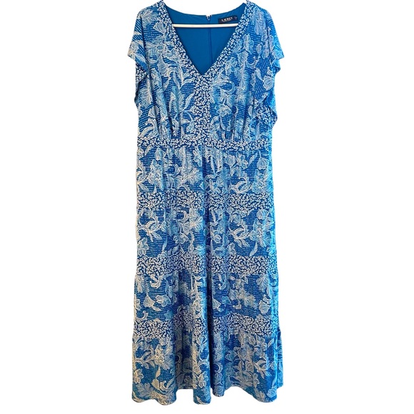 Lauren Ralph Lauren Blue White Floral Flounce Sleeve Maxi Dress 14W - Picture 1 of 6